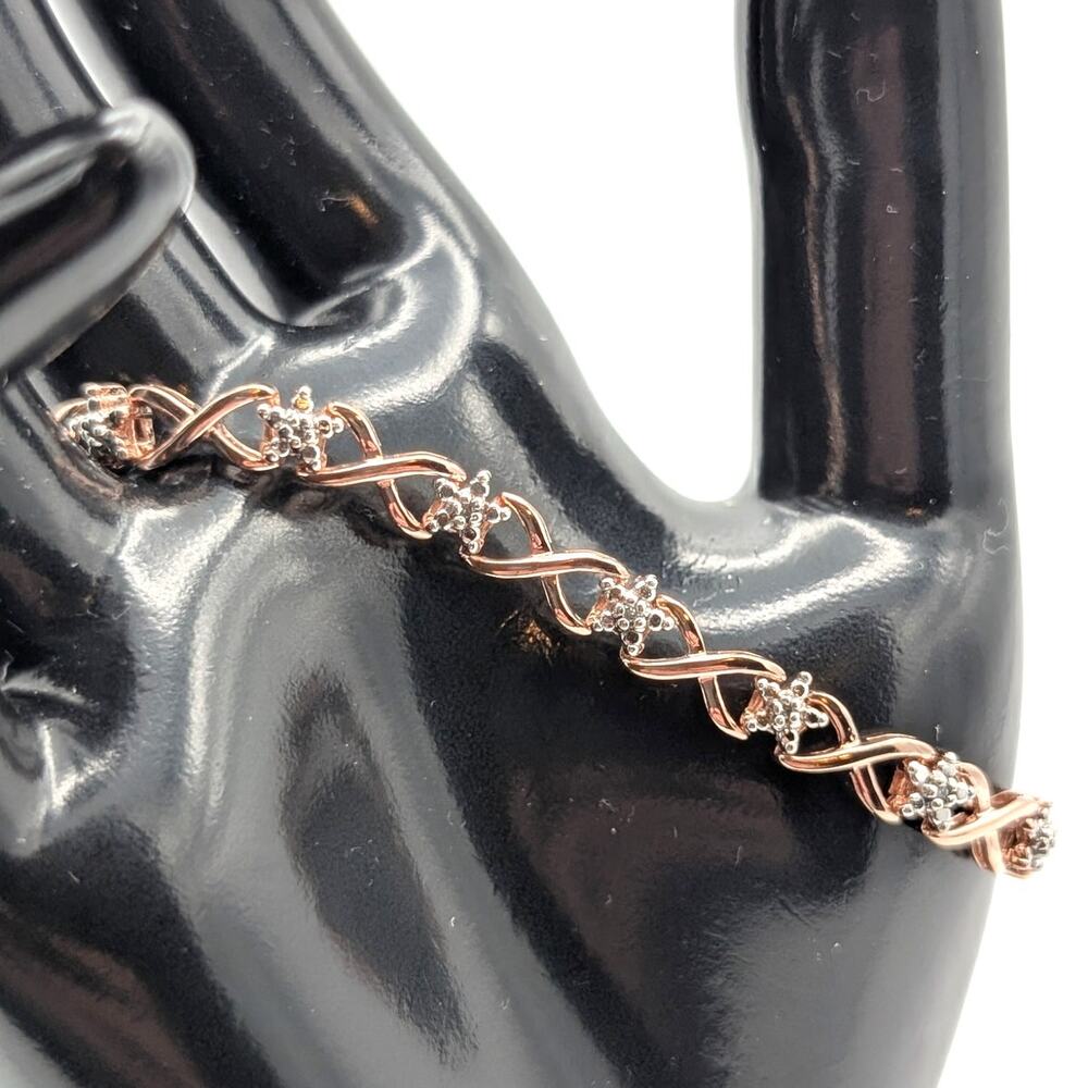 925 Sterling Silver Rose Gold Vermeil  .10ct Round Diamond Star Tennis Bracelet